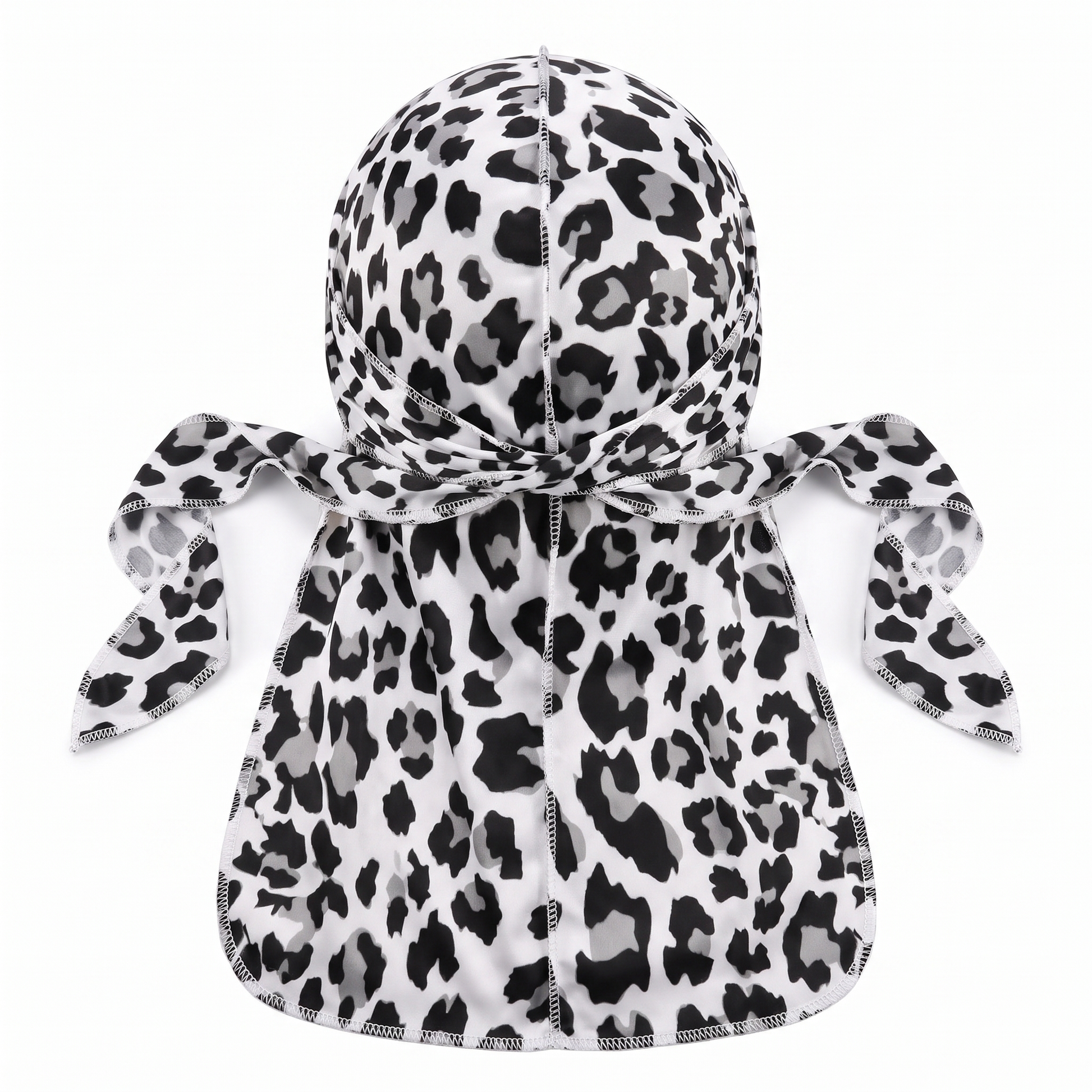 Snow Leopard spotted animal print Satin Silky Durag - premium silky durag back view showing wrap straps, tail and stitching