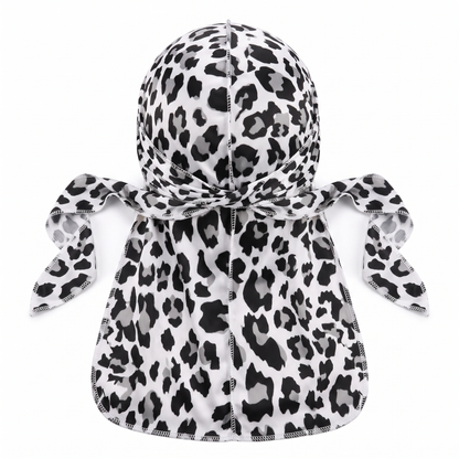 Snow Leopard spotted animal print Satin Silky Durag - premium silky durag back view showing wrap straps, tail and stitching
