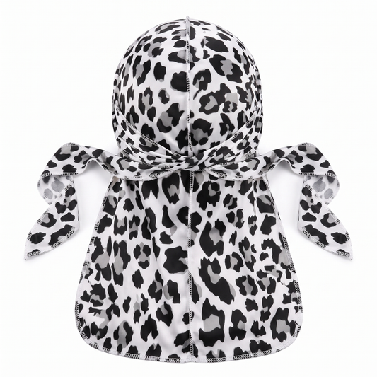 Snow Leopard spotted animal print Satin Silky Durag - premium silky durag back view showing wrap straps, tail and stitching