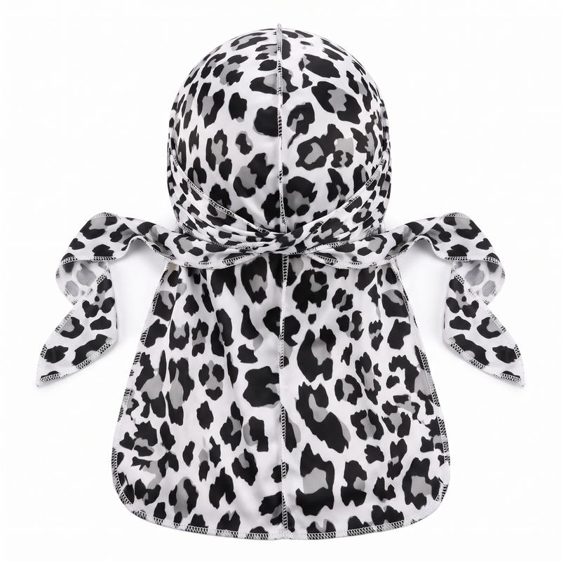 Snow Leopard spotted animal print Satin Silky Durag - premium silky durag back view showing wrap straps, tail and stitching