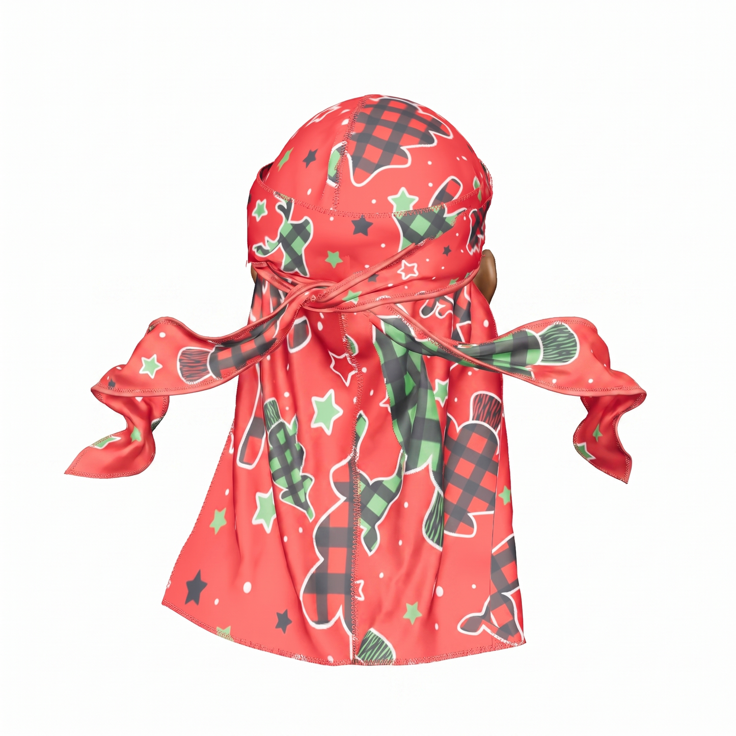 Christmas Time Red holiday Satin Silky Durag - premium silky durag back view showing wrap straps, tail and stitching