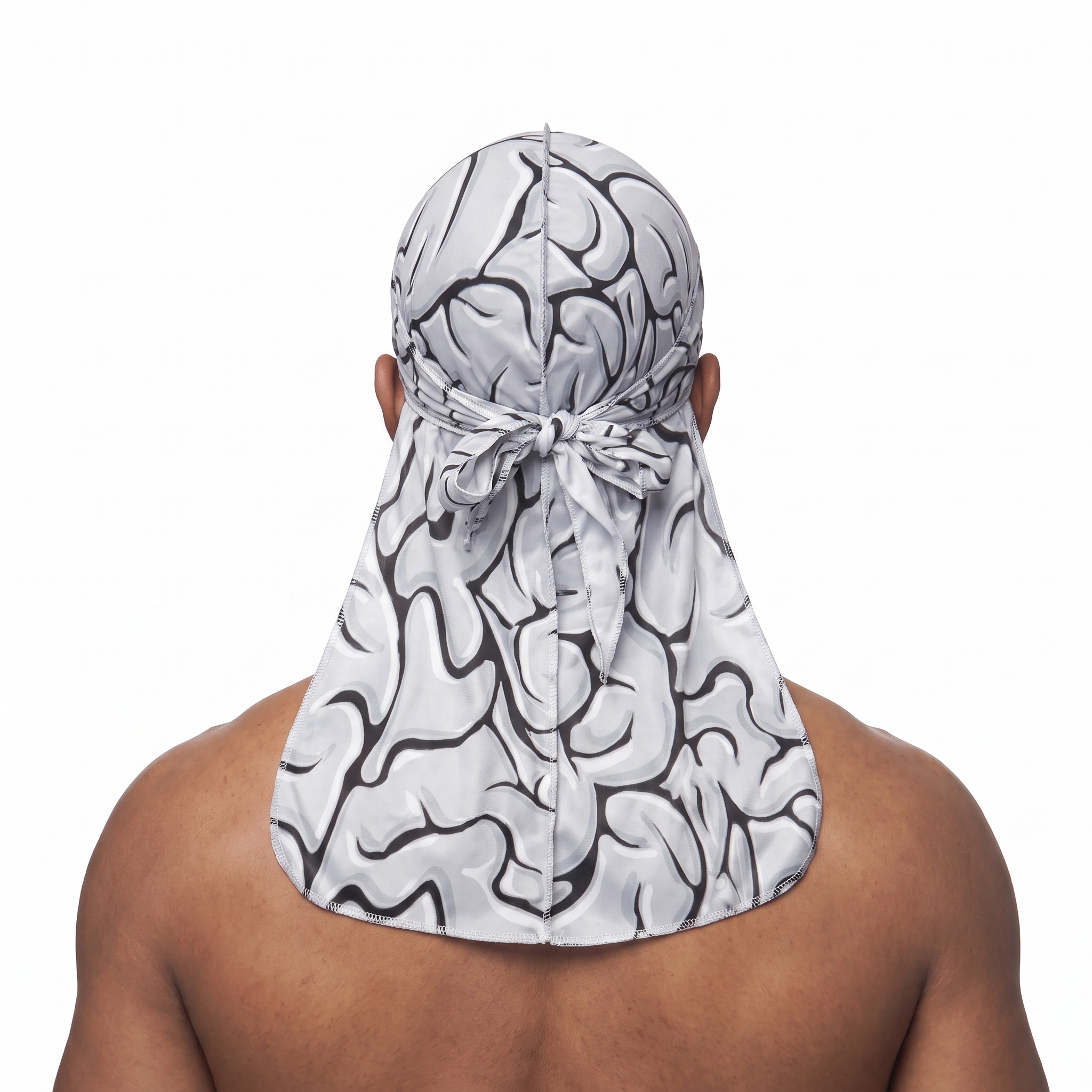 Grey Brains graphic Satin Silky Durag worn by male model, back view showing tied wrap and tail