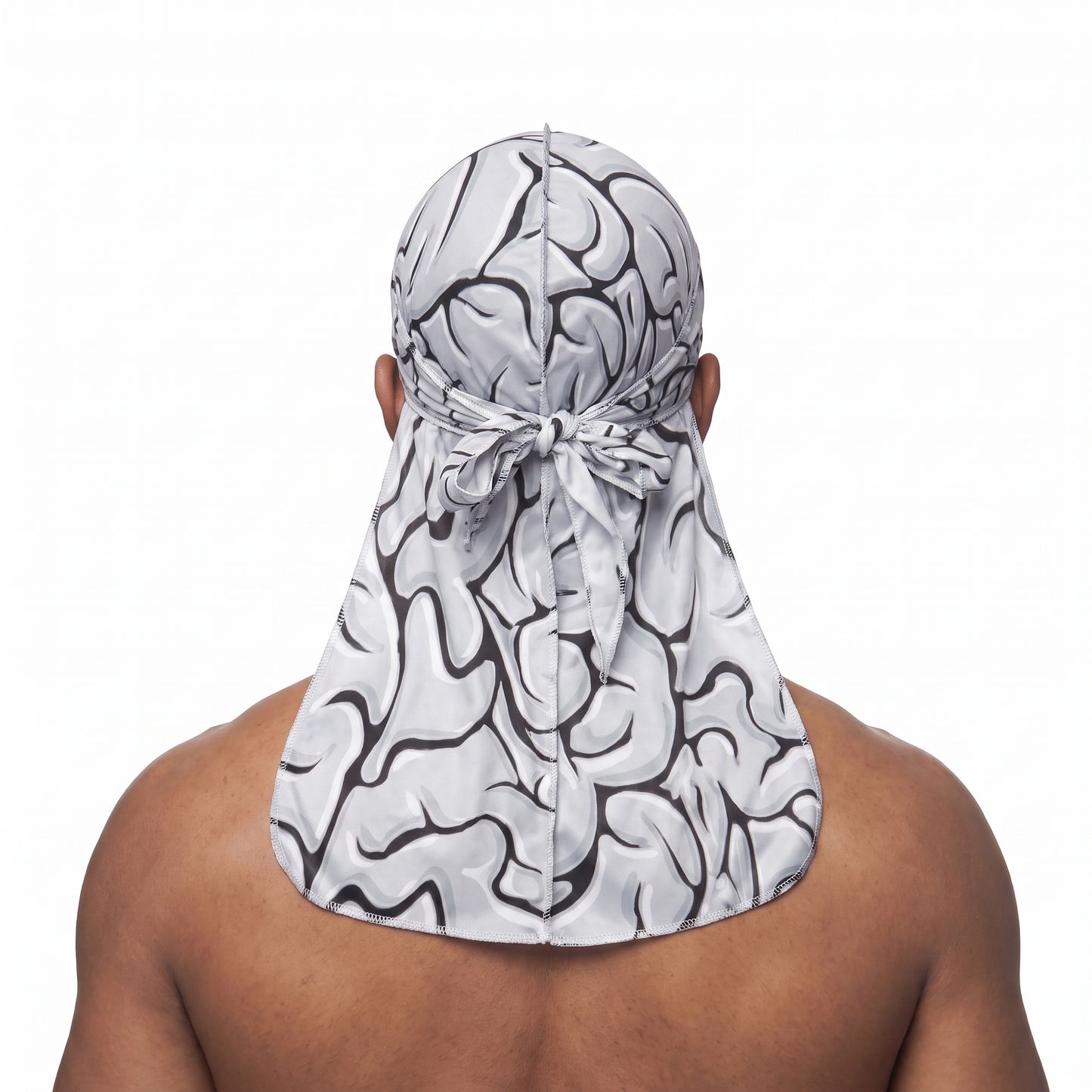 Grey Brains graphic Satin Silky Durag worn by male model, back view showing tied wrap and tail