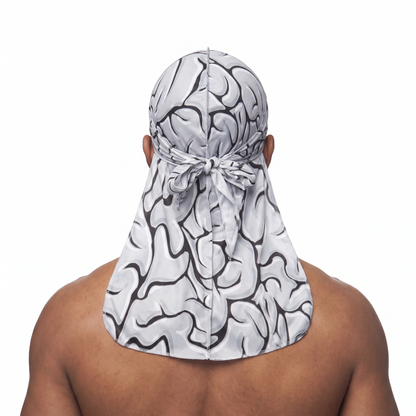 Grey Brains graphic Satin Silky Durag worn by male model, back view showing tied wrap and tail
