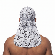 Grey Brains graphic Satin Silky Durag worn by male model, back view showing tied wrap and tail