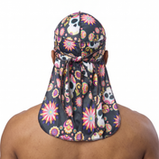 Cinco De Mayo Black festive Satin Silky Durag worn by male model, back view showing tied wrap and tail