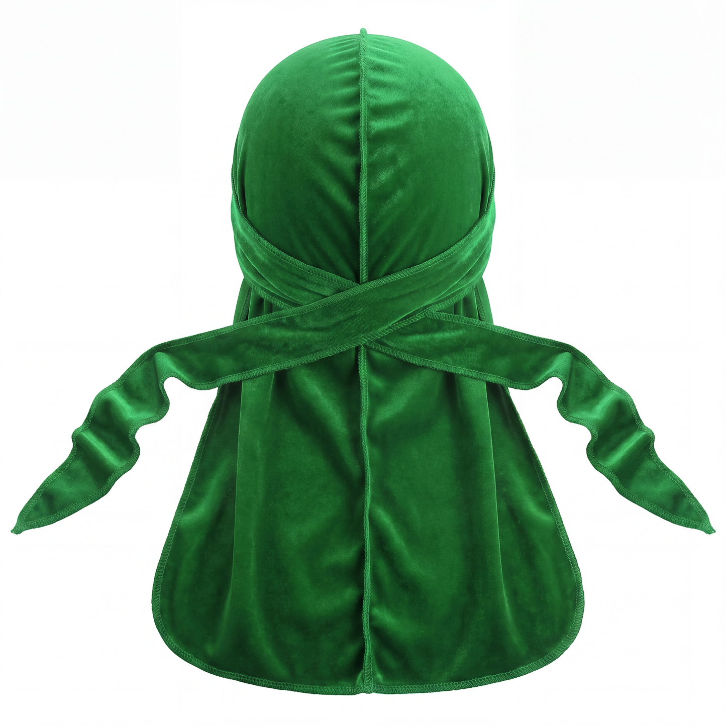 Premium Green Velvet Durag - premium velvet durag back view showing wrap straps, tail and stitching