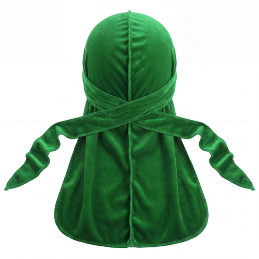 Premium Green Velvet Durag - premium velvet durag back view showing wrap straps, tail and stitching