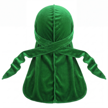Premium Green Velvet Durag - premium velvet durag back view showing wrap straps, tail and stitching