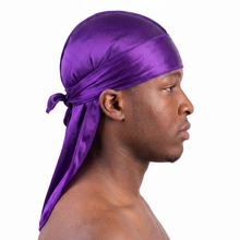 Premium Concord Purple Silk Durag worn by male model, side profile showing fit and tail drape