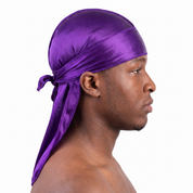 Premium Concord Purple Silk Durag worn by male model, side profile showing fit and tail drape