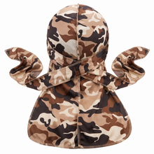 Elite Pattern Camo Brown Durag - premium durag back view showing wrap straps, tail and stitching