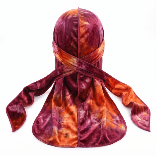 Supreme Tye-Dye Berry & Orange Velvet Durag - premium velvet durag back view showing wrap straps, tail and stitching