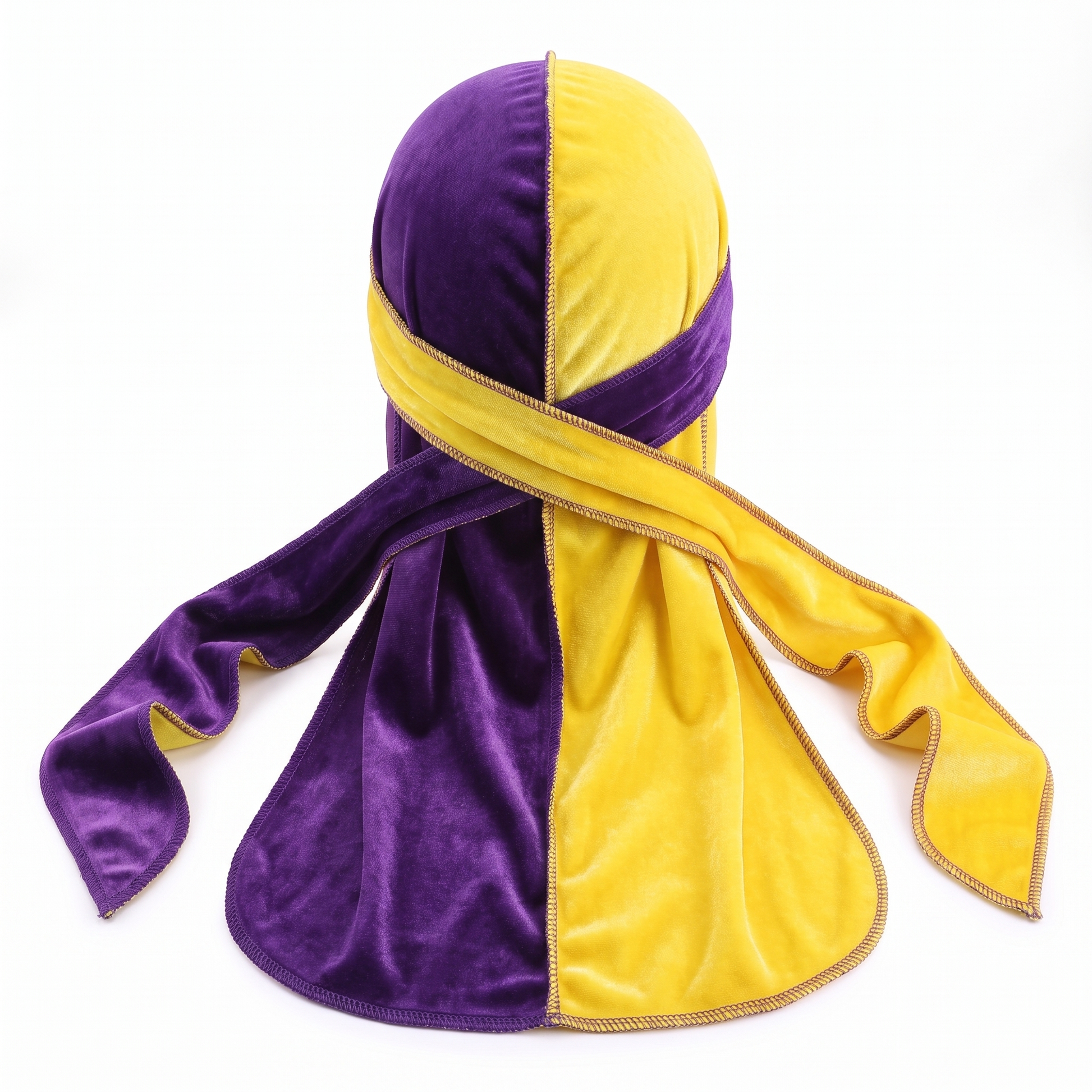 Purple and Yellow Spilt Velvet Durag - premium velvet durag back view showing wrap straps, tail and stitching