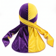 Purple and Yellow Spilt Velvet Durag - premium velvet durag back view showing wrap straps, tail and stitching