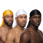 Premium Silk Durag Bundle Butterscotch Yellow - three models wearing Butterscotch Yellow, White and Black heavy silky durags