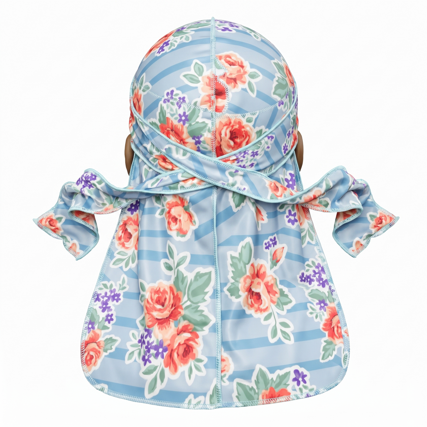 Denim Jean Retro Roses floral Satin Silky Durag - premium silky durag back view showing wrap straps, tail and stitching