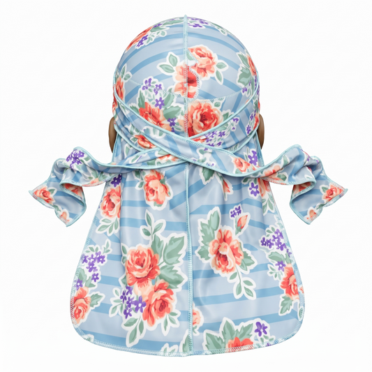 Denim Jean Retro Roses floral Satin Silky Durag - premium silky durag back view showing wrap straps, tail and stitching