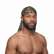 Cannabis Rasta leaf print Satin Silky Durag worn by male model, front view on white background