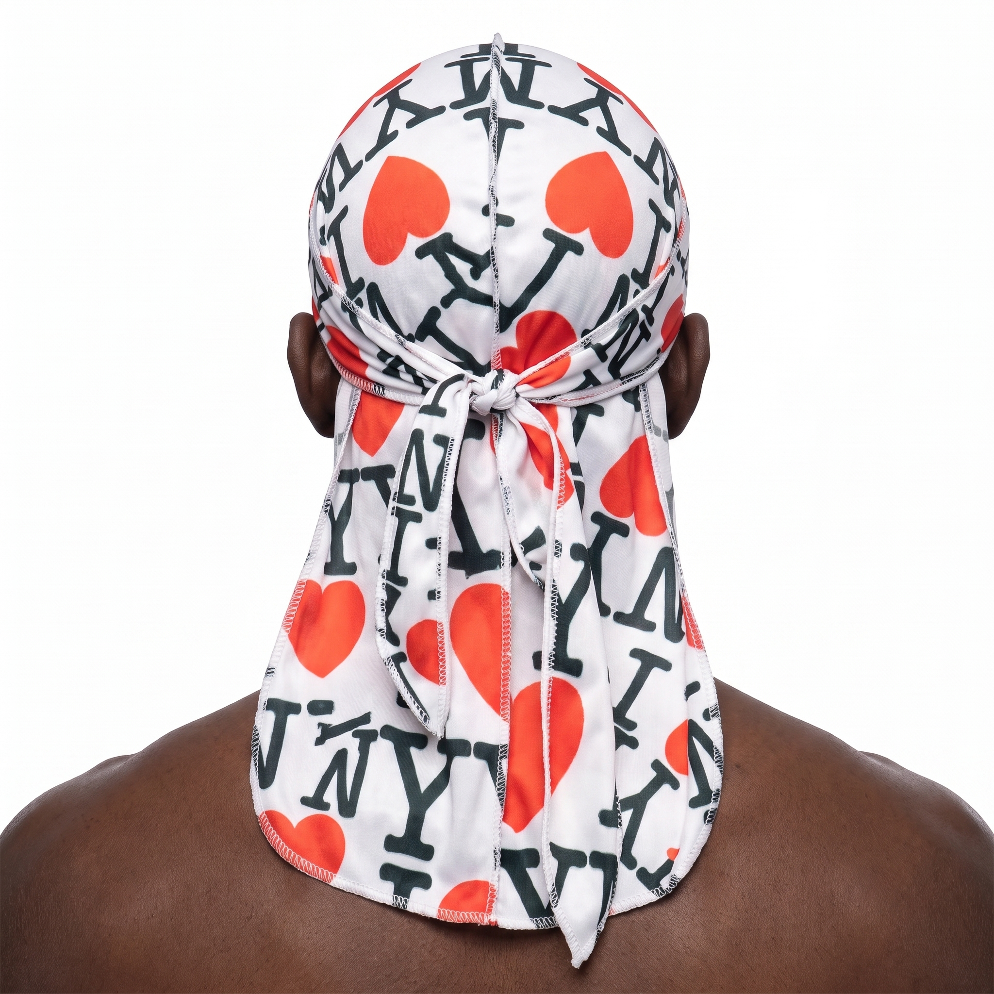 I Love NY graphic Satin Silky Durag worn by male model, back view showing tied wrap and tail
