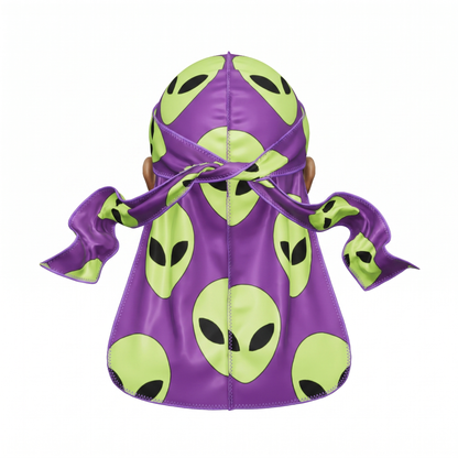 Alien Purple graphic Satin Silky Durag - premium silky durag back view showing wrap straps, tail and stitching