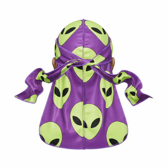 Alien Purple graphic Satin Silky Durag - premium silky durag back view showing wrap straps, tail and stitching