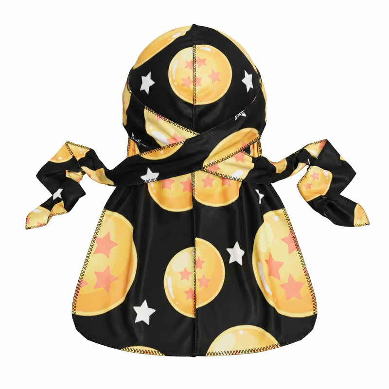 Dragon Ball Z Black Satin Silky Durag - premium silky durag back view showing wrap straps, tail and stitching