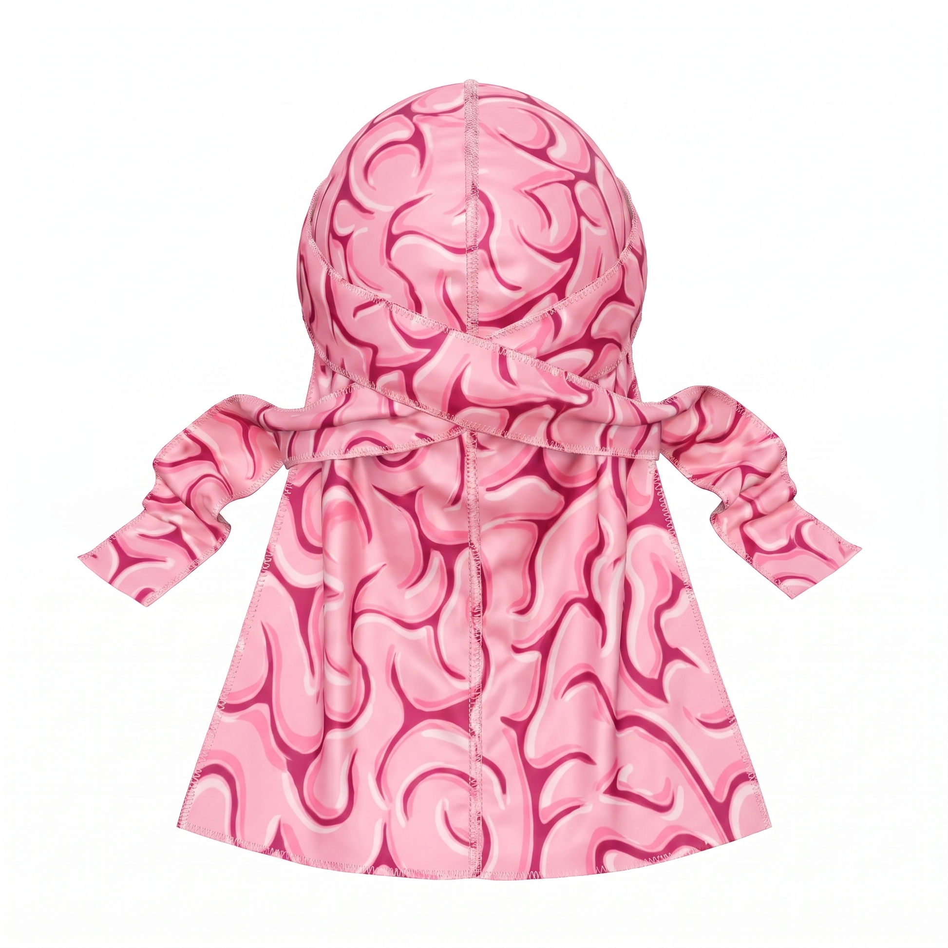 Pink Brains graphic Satin Silky Durag - premium silky durag back view showing wrap straps, tail and stitching