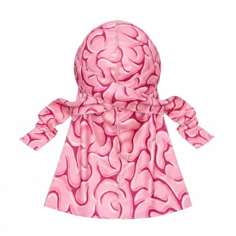 Pink Brains graphic Satin Silky Durag - premium silky durag back view showing wrap straps, tail and stitching