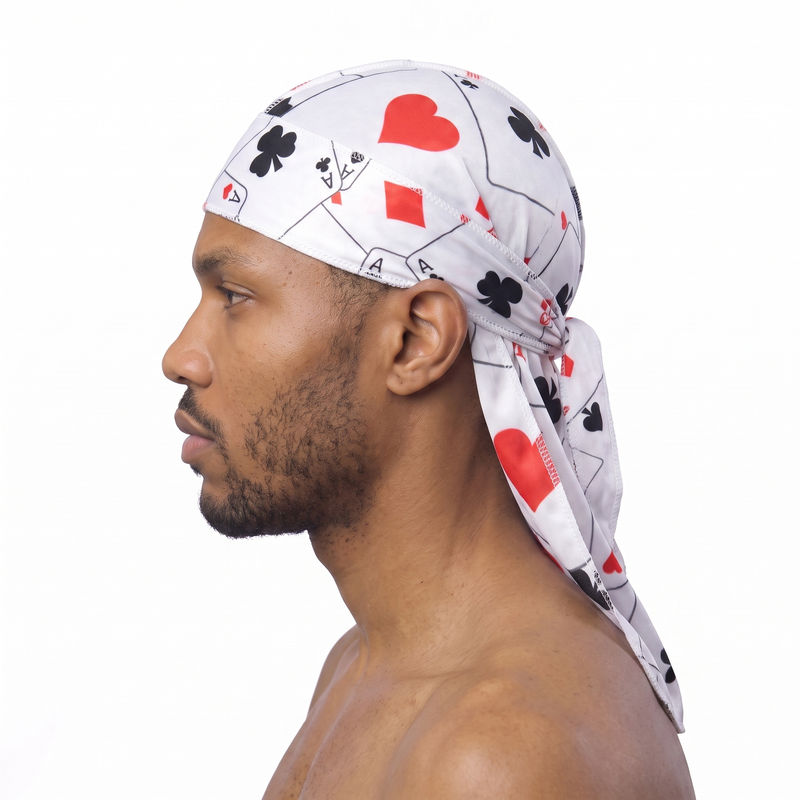 Ace playing card graphic Satin Silky Durag worn by male model, side profile showing fit and tail drape