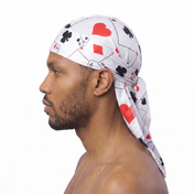 Ace playing card graphic Satin Silky Durag worn by male model, side profile showing fit and tail drape