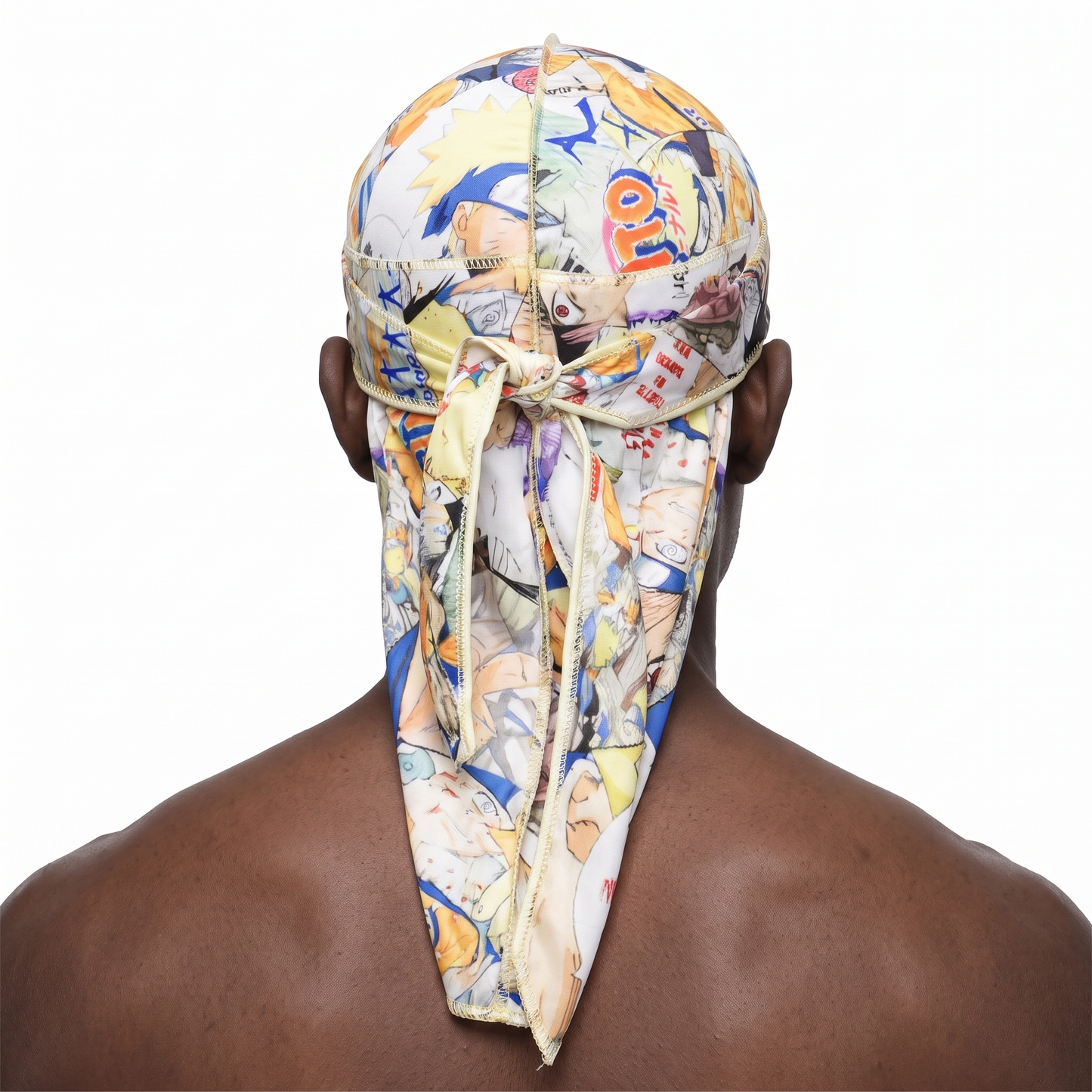 Naruto anime graphic Satin Silky Durag worn by male model, back view showing tied wrap and tail