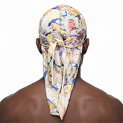 Naruto anime graphic Satin Silky Durag worn by male model, back view showing tied wrap and tail