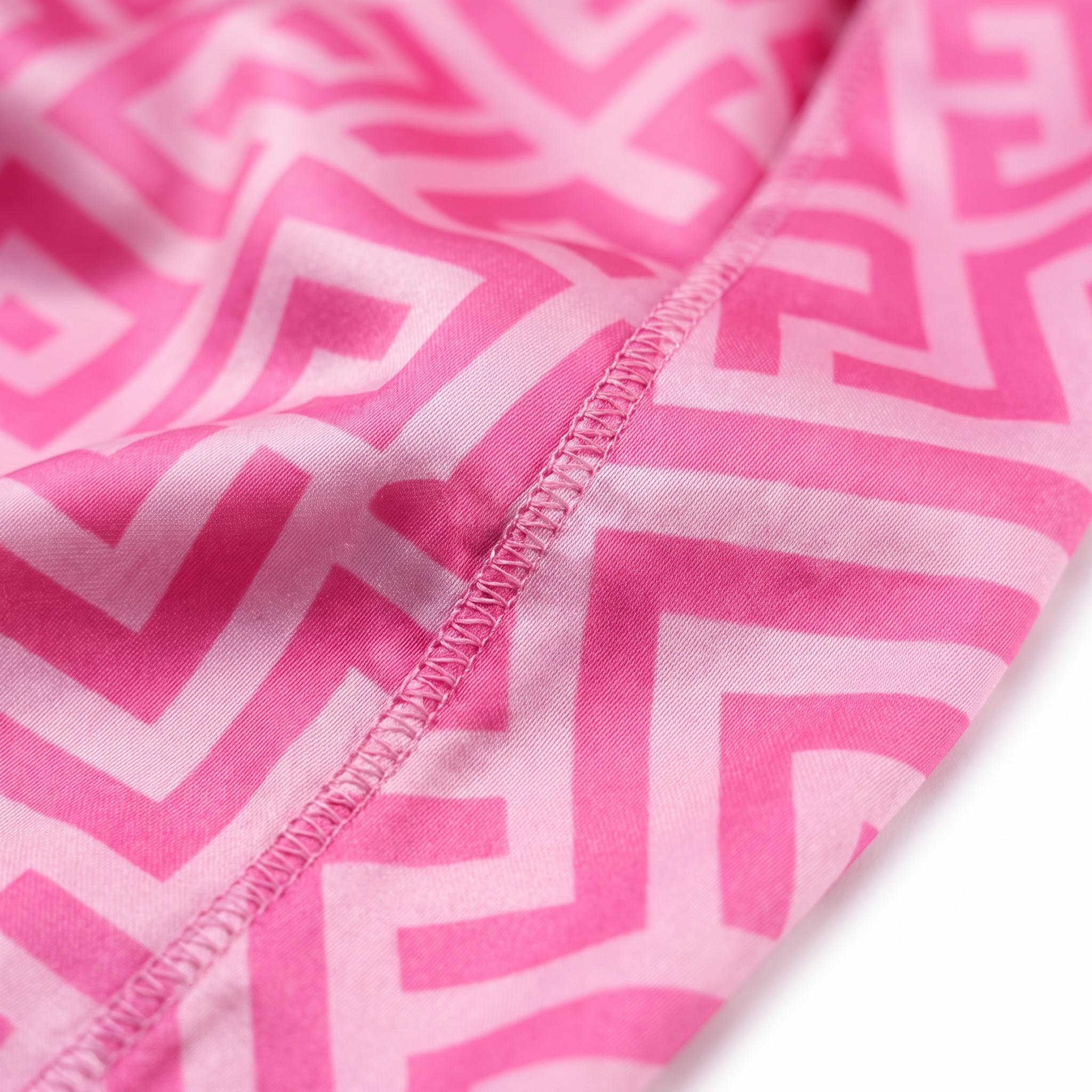 Pink Maze geometric Satin Silky Durag fabric close-up showing Pink Maze geometric print and stitching detail