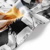 Bleach anime graphic Satin Silky Durag fabric close-up showing Bleach anime graphic print and stitching detail