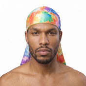 Pastel Heat Map Satin Silky Durag worn by male model, front view on white background