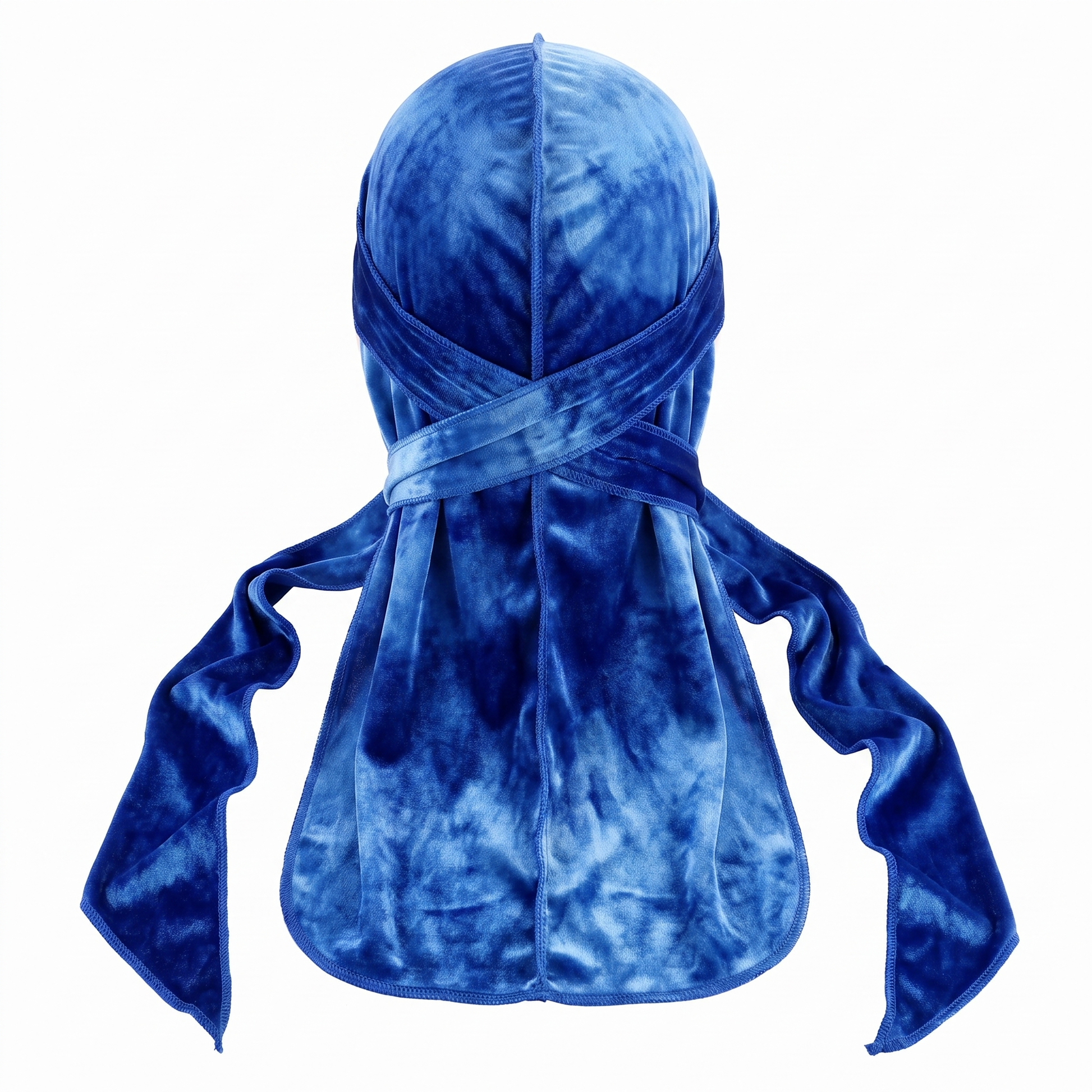Supreme Tye-Dye  Blue Velvet Durag - premium velvet durag back view showing wrap straps, tail and stitching