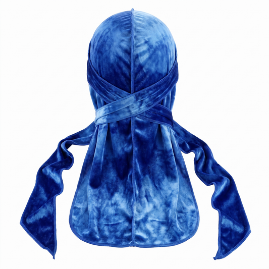 Supreme Tye-Dye  Blue Velvet Durag - premium velvet durag back view showing wrap straps, tail and stitching