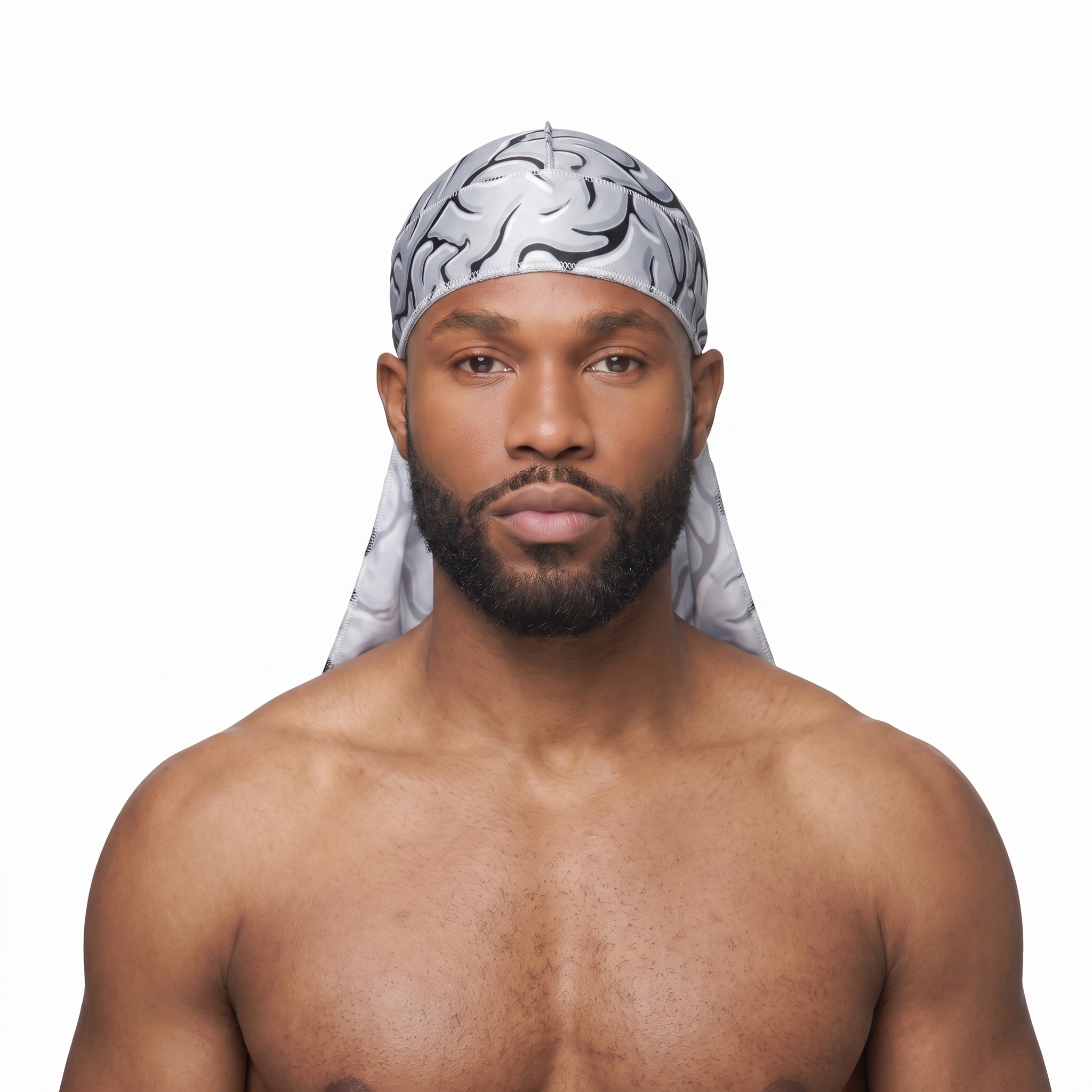 Grey Brains graphic Satin Silky Durag worn by male model, front view on white background