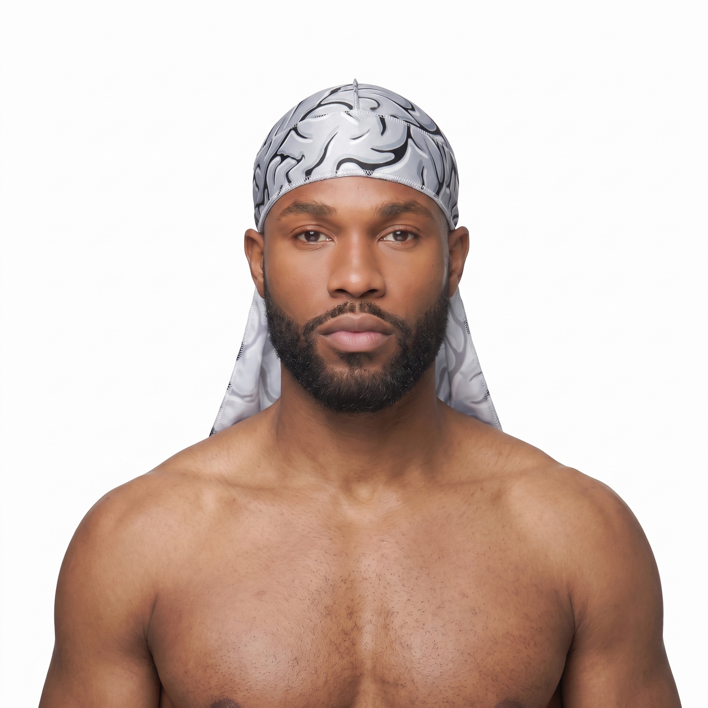 Grey Brains graphic Satin Silky Durag worn by male model, front view on white background