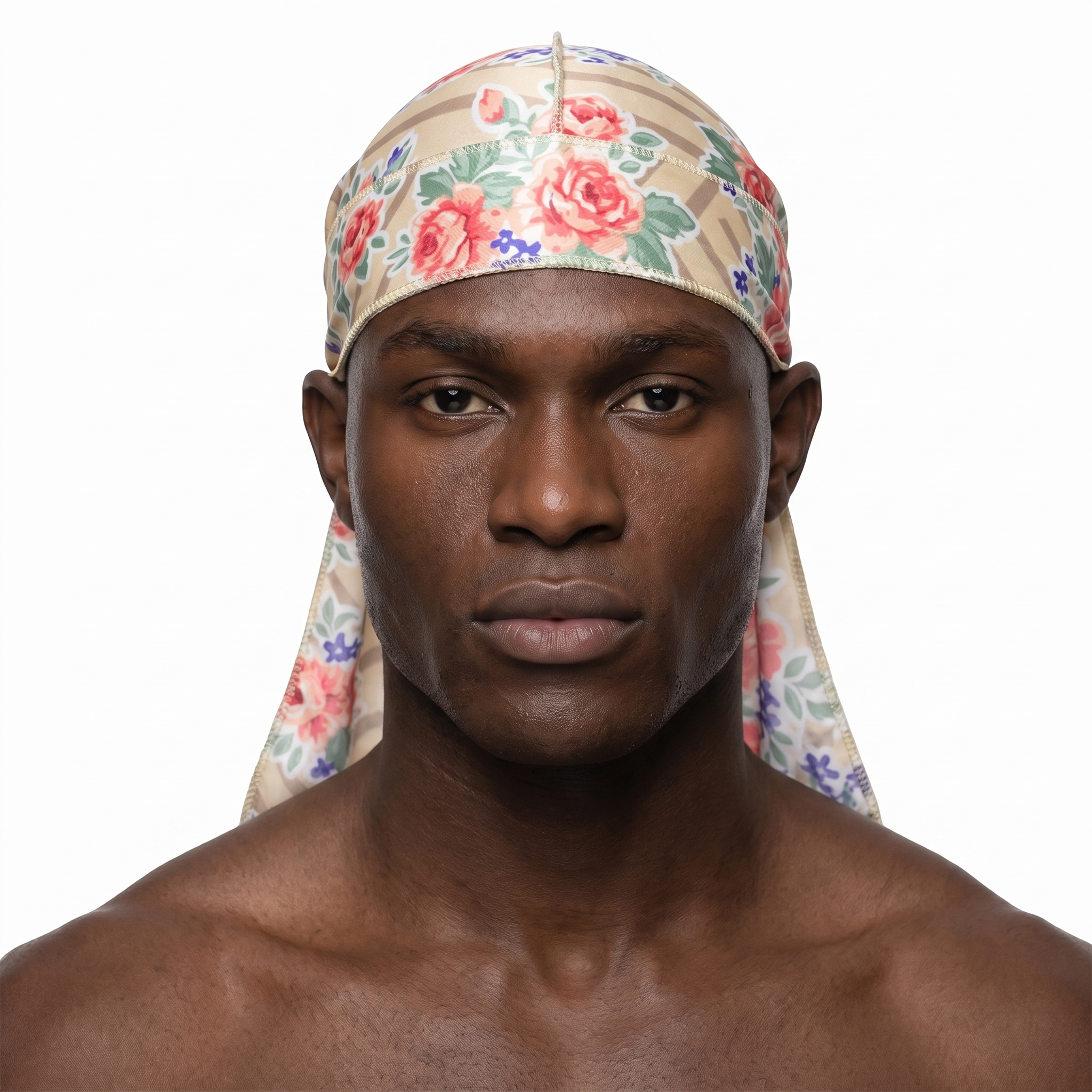 Khaki retro roses floral Satin Silky Durag worn by male model, front view on white background