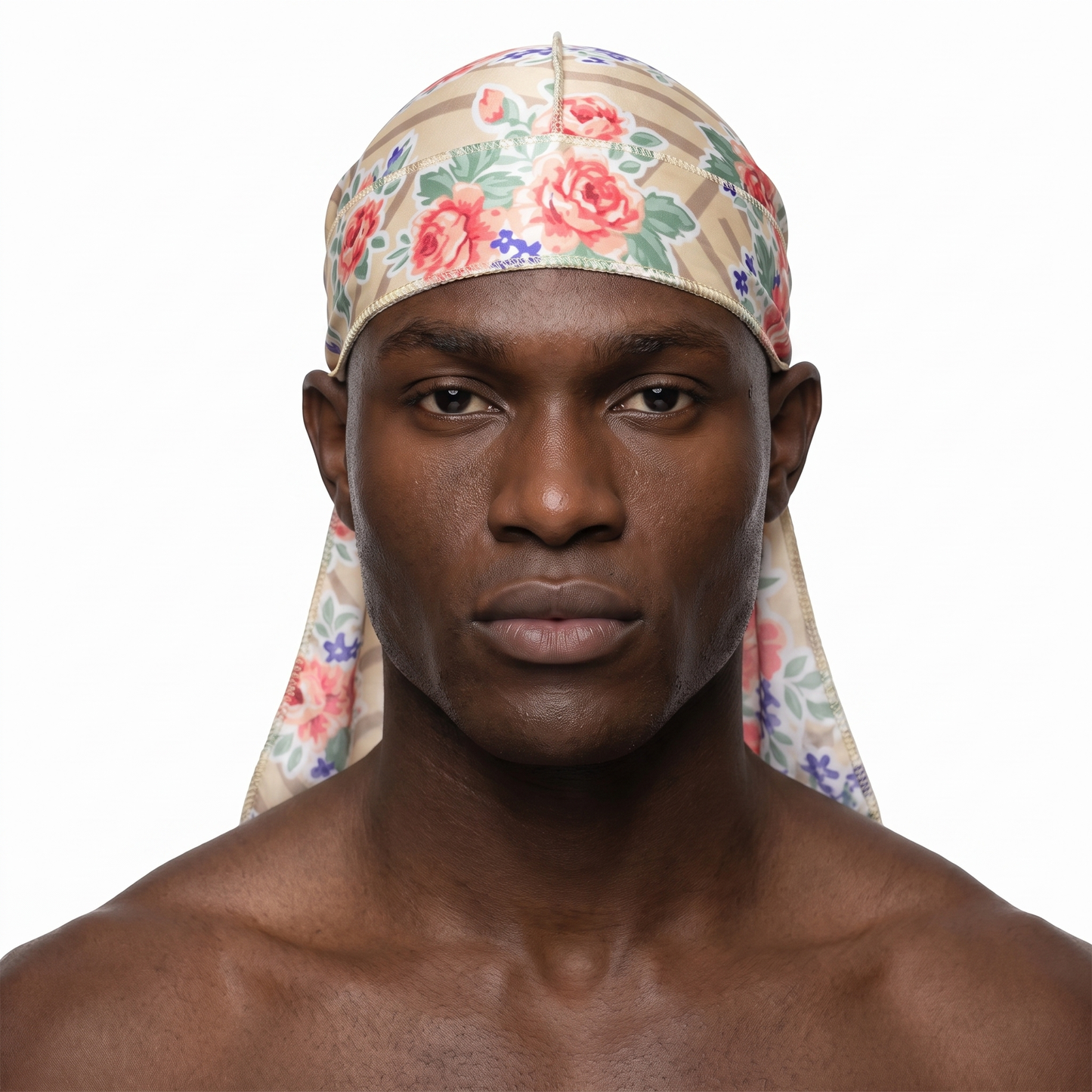 Khaki retro roses floral Satin Silky Durag worn by male model, front view on white background