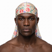 Khaki retro roses floral Satin Silky Durag worn by male model, front view on white background