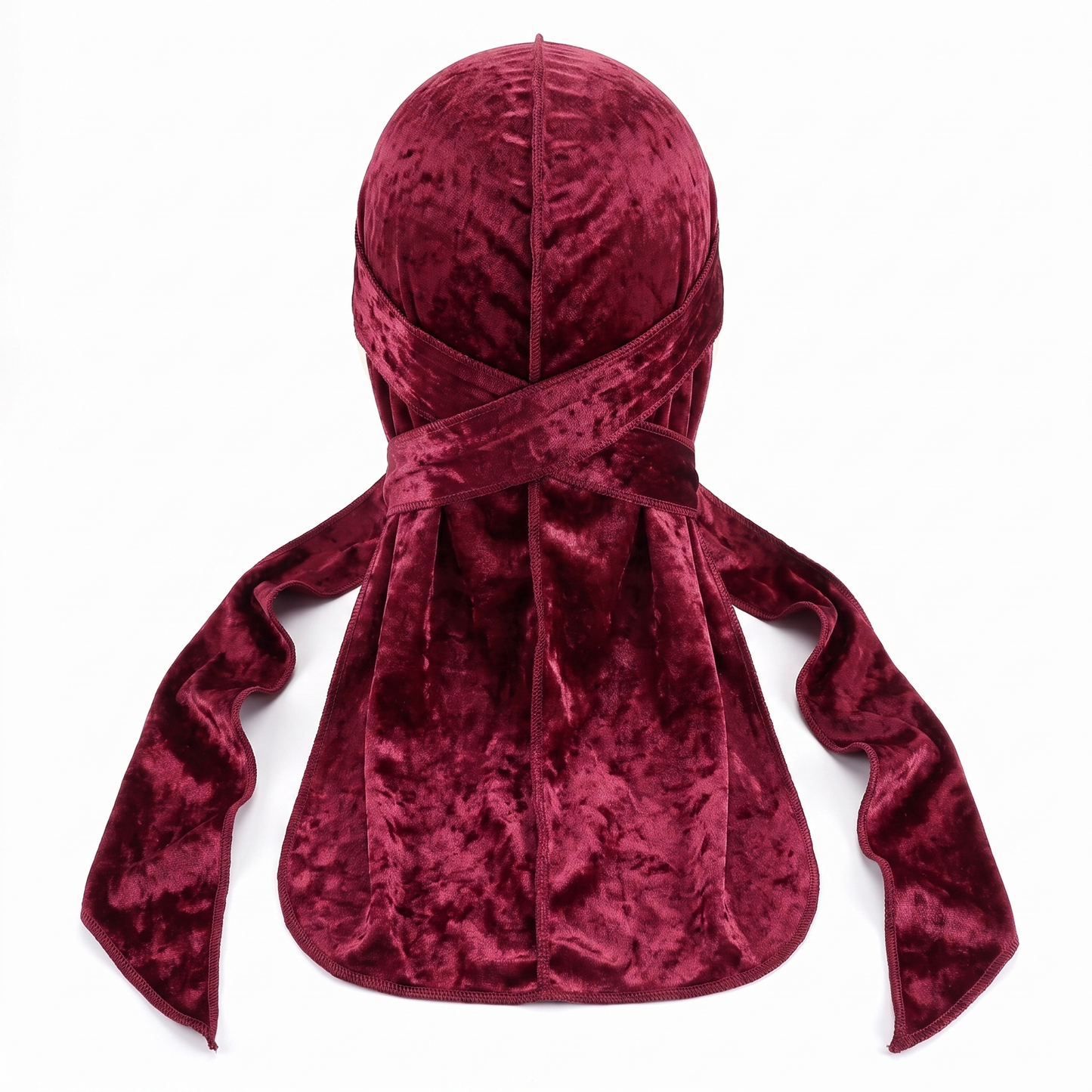 Premium Crushed Velvet Wine Red Durag - premium velvet durag back view showing wrap straps, tail and stitching