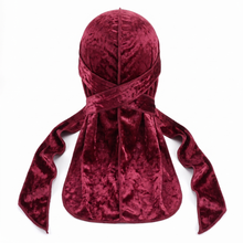 Premium Crushed Velvet Wine Red Durag - premium velvet durag back view showing wrap straps, tail and stitching