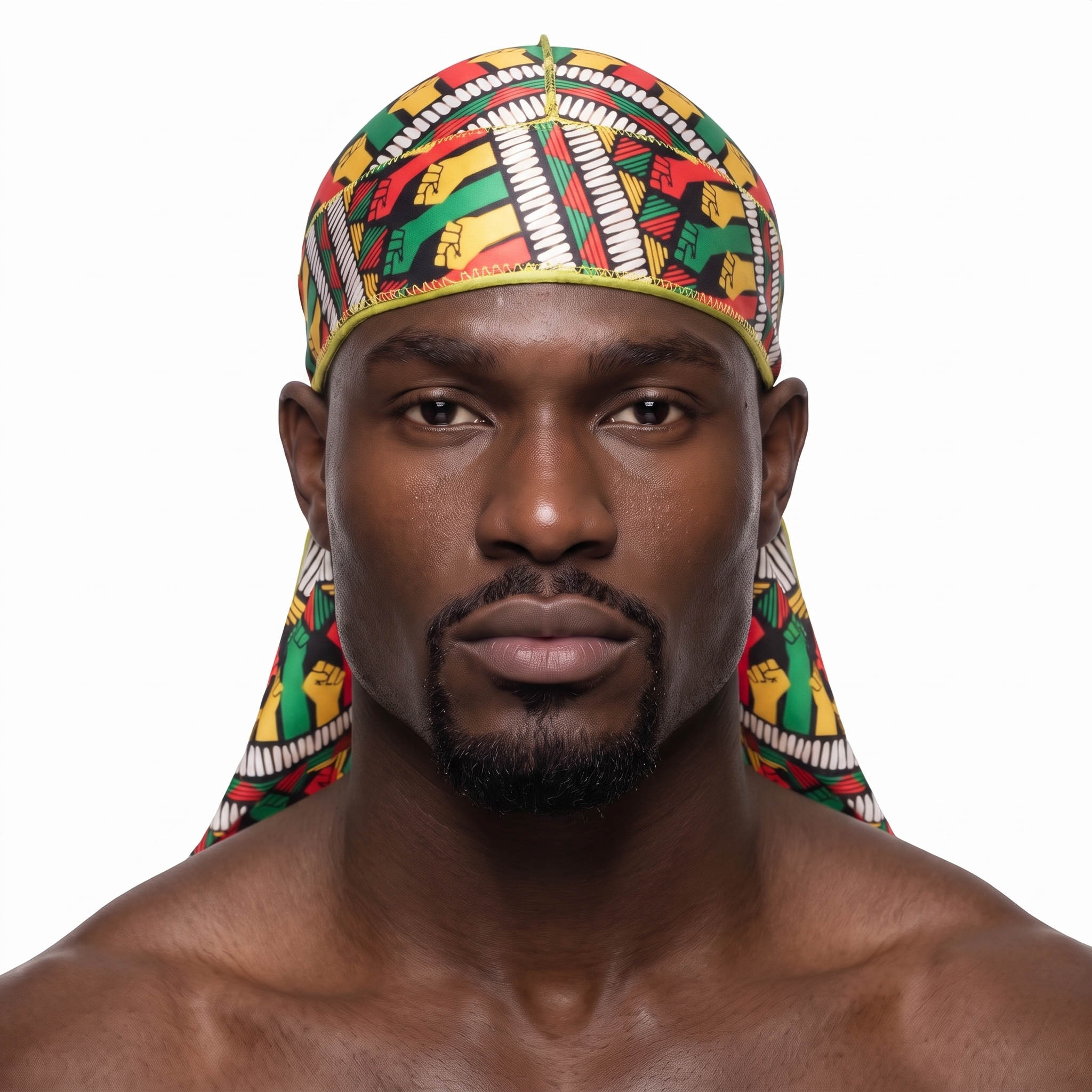 Juneteenth 6.0 red black and green Satin Silky Durag worn by male model, front view on white background