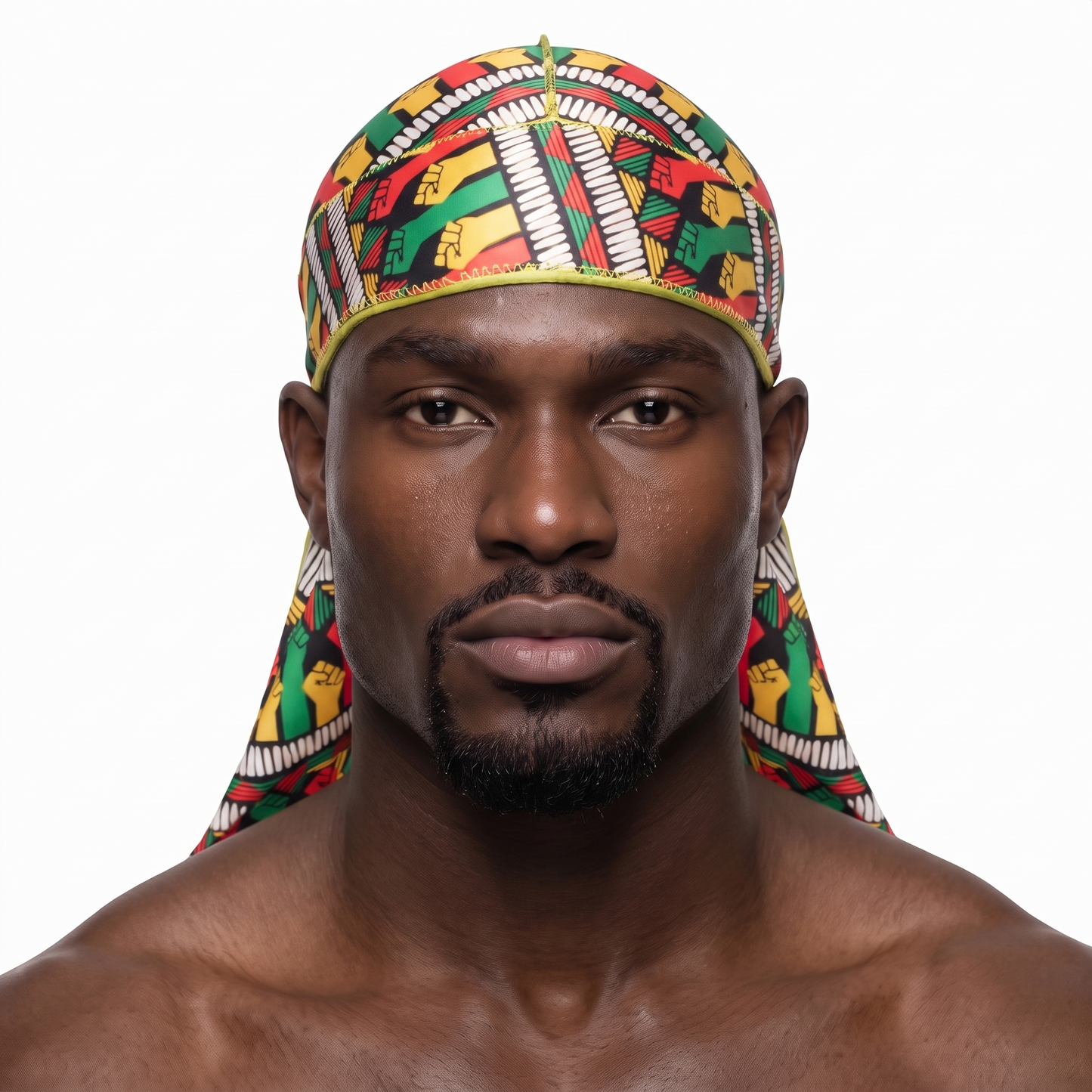 Juneteenth 6.0 red black and green Satin Silky Durag worn by male model, front view on white background