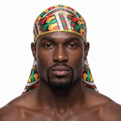 Juneteenth 6.0 red black and green Satin Silky Durag worn by male model, front view on white background