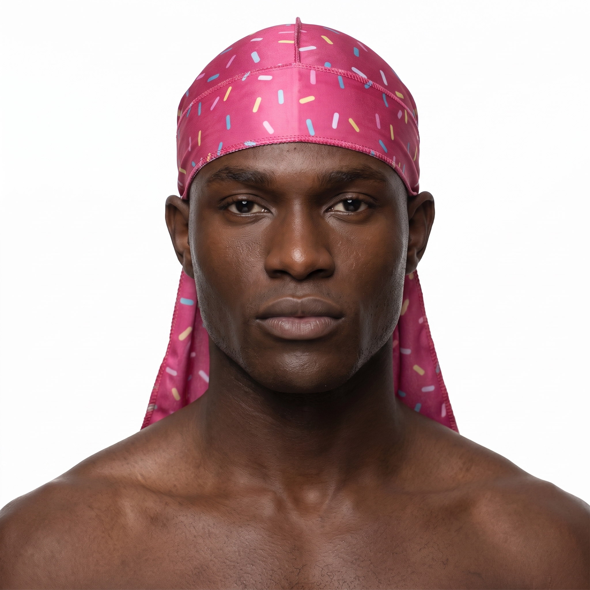 Dark pink ice cream sprinkle Satin Silky Durag worn by male model, front view on white background