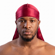 Premium Cherry Red  Silk Durag worn by male model, front view on white background